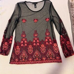 INC International Concepts Black Sheer Top with Red Embroidery